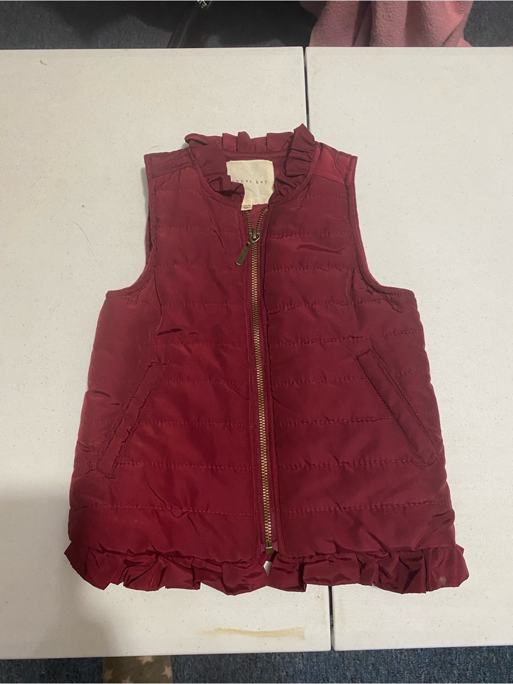 Copper Key Girls Burgundy Puffer Vest with Ruffle Trim